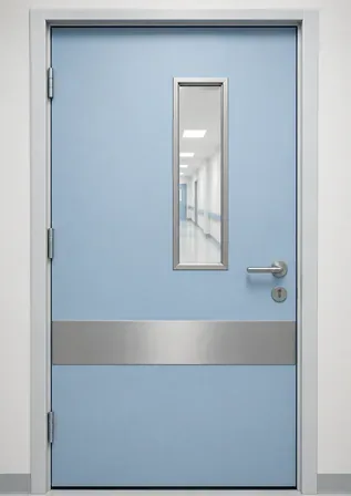 Light blue hospital door with a vision panel and kick plate