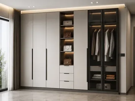 Wardrobe with hinged doors and open shelving