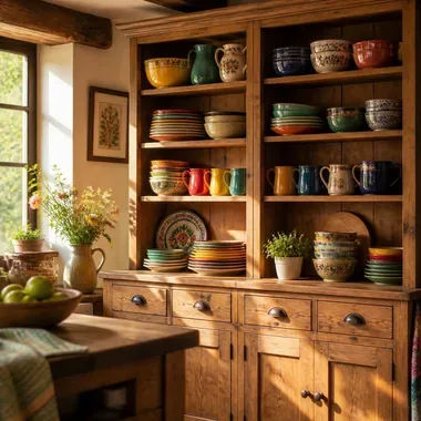 Timber cupboard with shelves of crockery